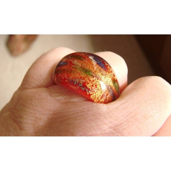 Pier One Blown Glass Cosmic Ring Domed Orange Red Gold Chromatic Lampwork Sz 7.5 - Picture 8 of 11